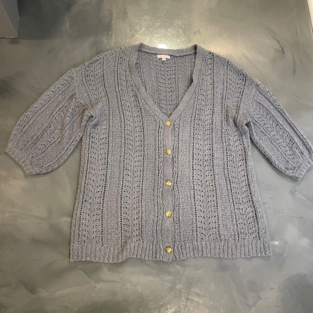 LC Lauren Conrad Gray Pointelle Open Knit Button Front Cardigan XXL 3/4 Sleeve